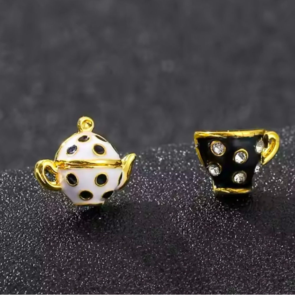 Alice In Wonderland Gold Enameled Black & White Teapot & Teacup Stud Earrings